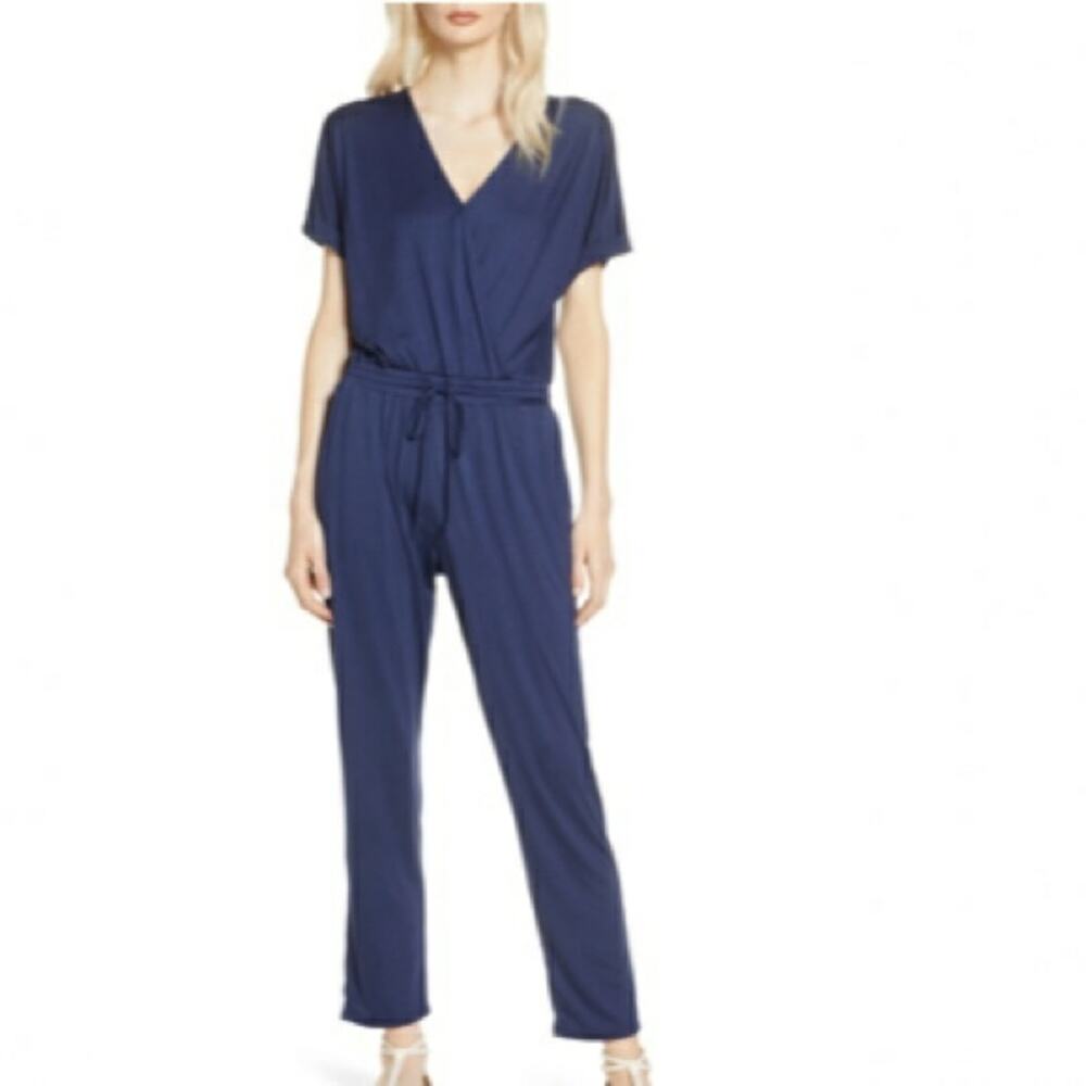 CHELSEA28 Blue Short Sleeve Surplice Jumpsuit Small